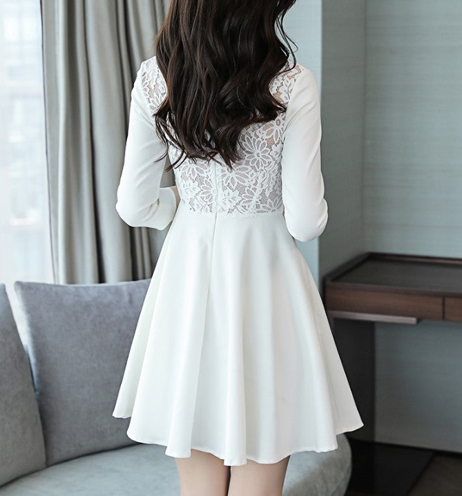 Dresses Pure Color V-collar Mid-waist Zipper Korean A-shaped Skirt Spring Long Sleeve Skirt Lace A
